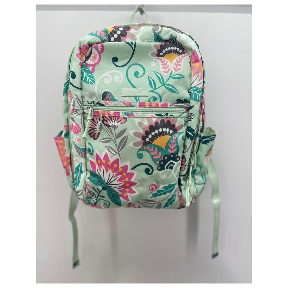 Vera Bradley Lighten Up Grand Laptop Backpack‎ Mint Green Pink Flowers Snail